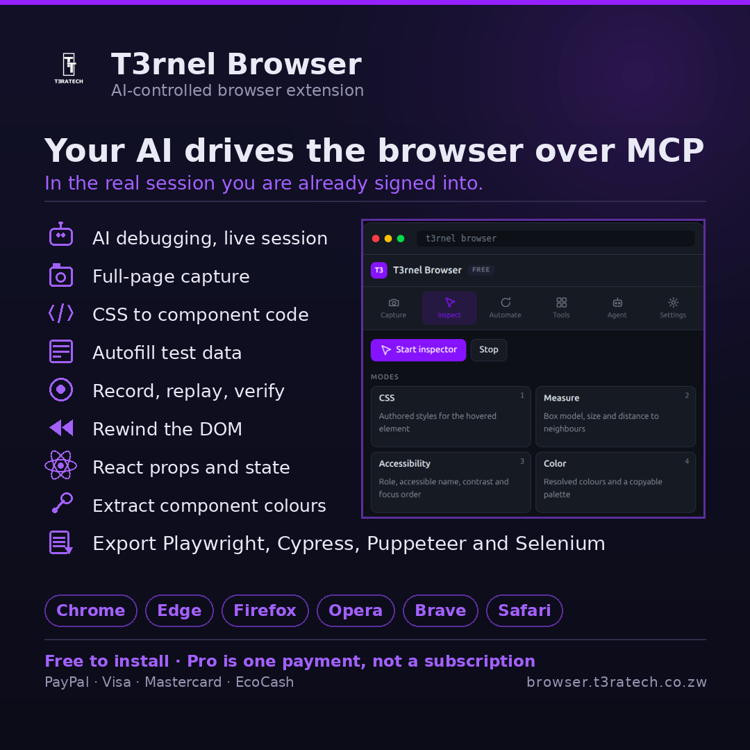 T3rnel Browser — your AI drives the browser over MCP, inside the real session you are already signed into