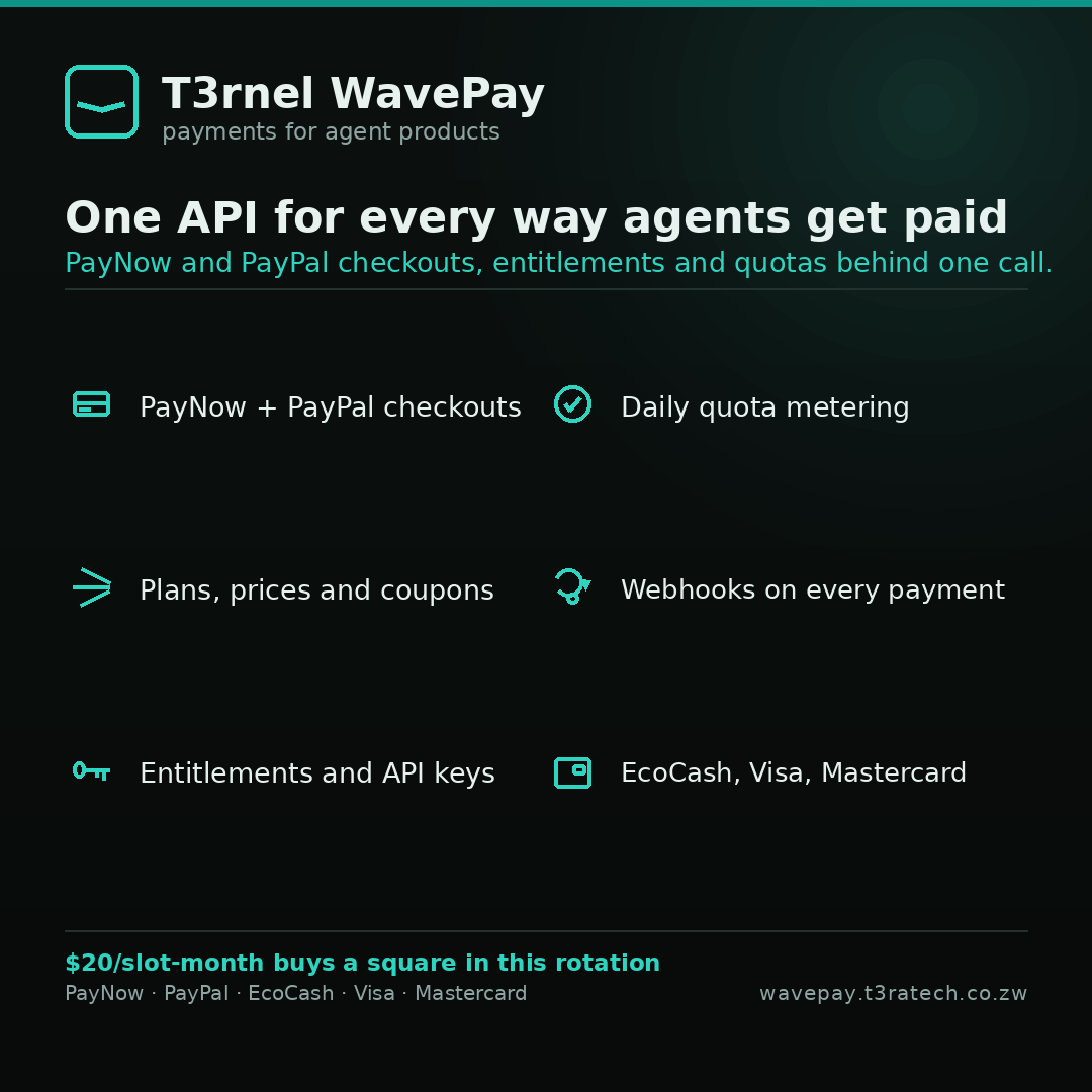 T3rnel WavePay — PayNow and PayPal checkouts, entitlements and quotas behind one API